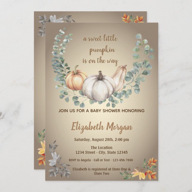Convite Pequenos Pampkins, Folhas, Chá de fraldas de outon (Frente/Verso)