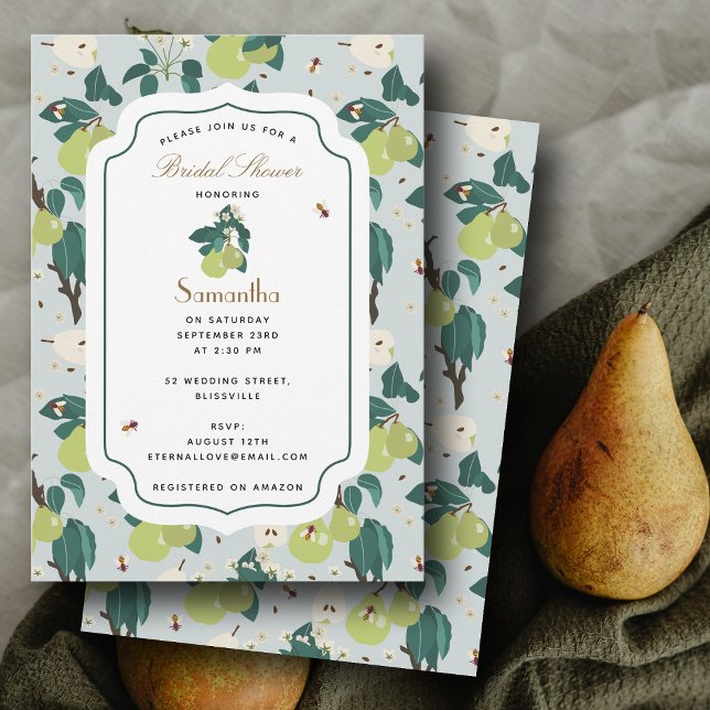 Convite Peras Abelhas Chá de panela de Jardim Floral Botân (Pears Bees Botanical Floral Garden Bridal Shower Invitation)