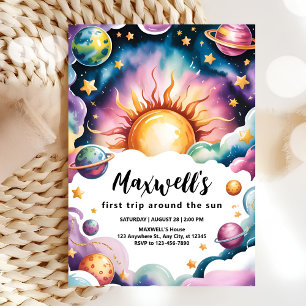 Convite Percorra o primeiro aniversario Sun Watercolor Boy