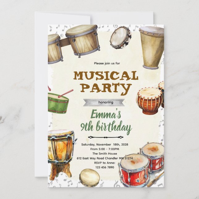Convite Percussion Birthday party Invitation (Frente)