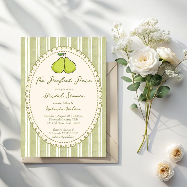 Convite Perfect pair sage green stripe pear bridal shower (Perfect pair sage green stripe pear bridal shower invitation cards template
)