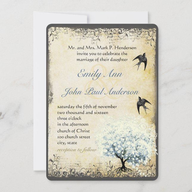 Convite Pergaminho de Pearl de Pássaros da Árvore Azul Fol (Verso)