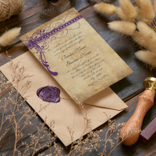 Convite Pergaminho Falso Roxo Renascença Medieval