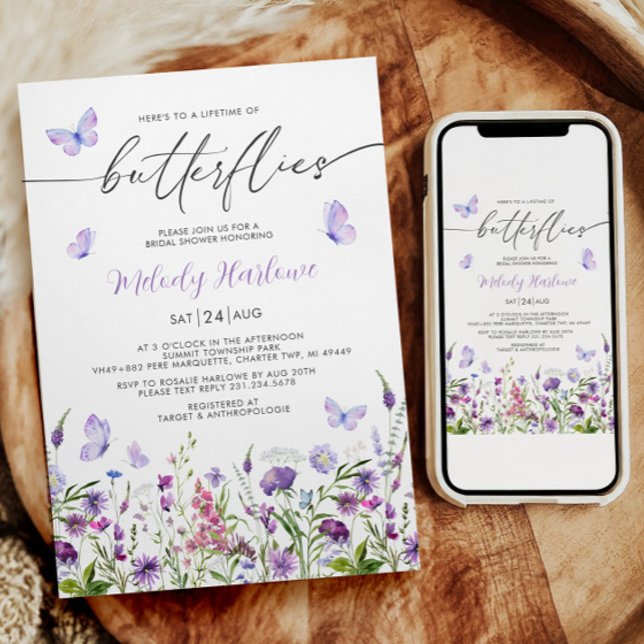 Convite Período de vida das borboletas Chá de panela de fl (Lifetime of Butterflies Wildflower Bridal Shower Invitation)