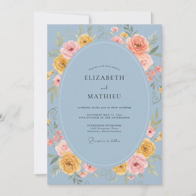Convite Periwinkle Amarelo Ranunculus Cinza Eucalipto Wedd (Frente)