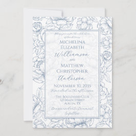 Convite Periwinkle Blue Elegant Hand-Drawn Floral Wedding