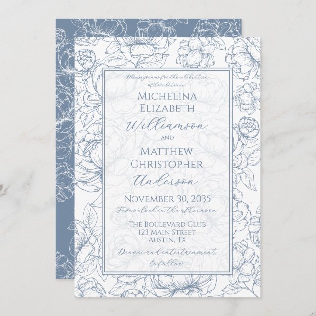 Convite Periwinkle Blue Elegant Hand-Drawn Floral Wedding  (Frente/Verso)