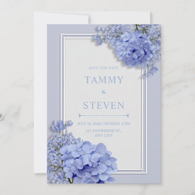 Convite Periwinkle Blue Hydrangea Botanical Frame Wedding (Frente)