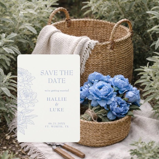 Convite Periwinkle Blue Peony Line Art Wedding Save Date (Criador carregado)