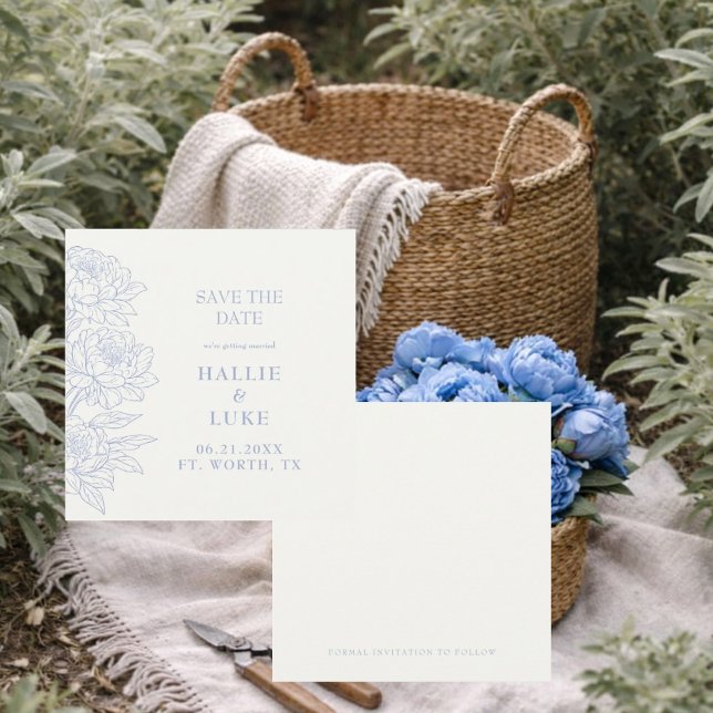 Convite Periwinkle Blue Peony Wedding Square Save Date (Criador carregado)