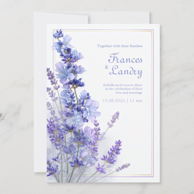 Convite Periwinkle Lavender Gold Filigree Frame Wedding (Frente)