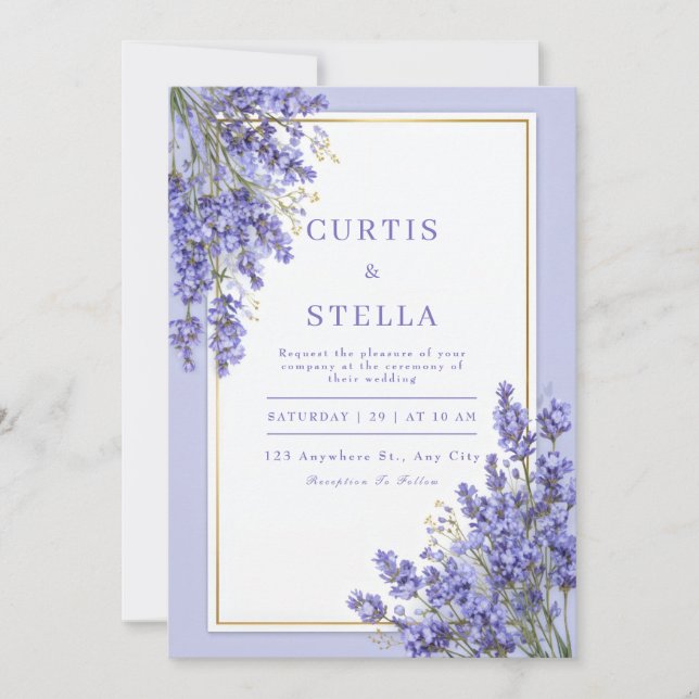 Convite Periwinkle Lavender Romantic Gold Frame Wedding (Frente)