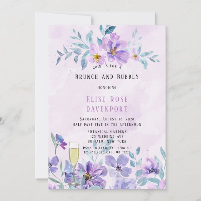 Convite Periwinkle Lilac Peony Wreath Brunch e Bubbles In (Frente)
