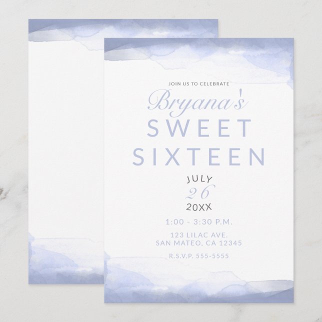 Convite Periwinkle Purple Watercolor Modern Chic Sweet 16 (Frente/Verso)