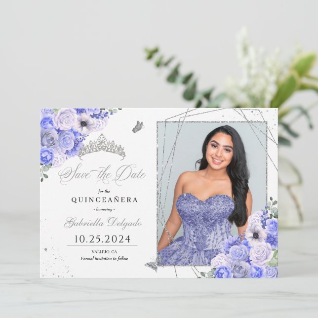Convite Periwinkle Silver Quinceañera Salve A Foto Da Data (Em pé/Frente)