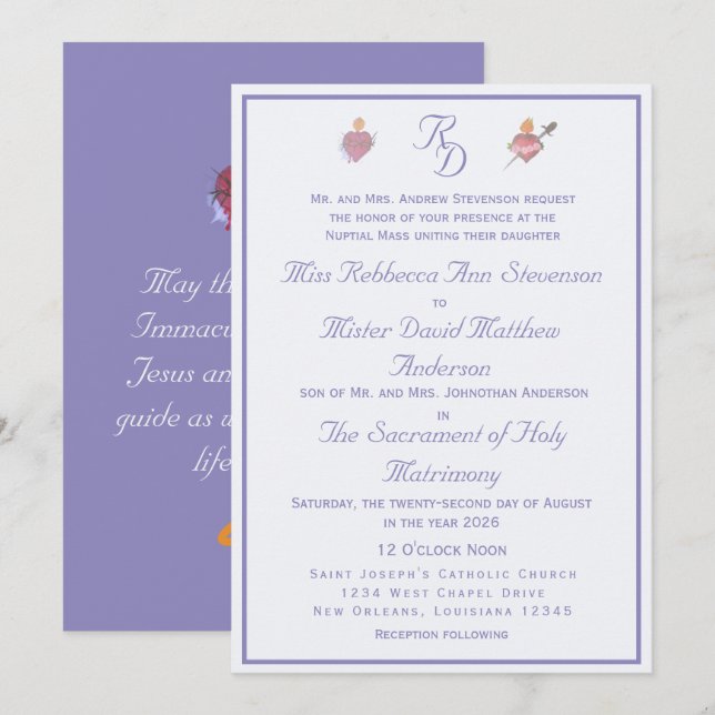 Convite Periwinkle Two Hearts Catholic Wedding Invitation (Frente/Verso)