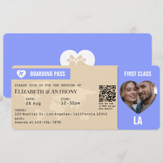 Convite Periwinkle & Warm Sand Boarding Pass Wedding (Frente/Verso)