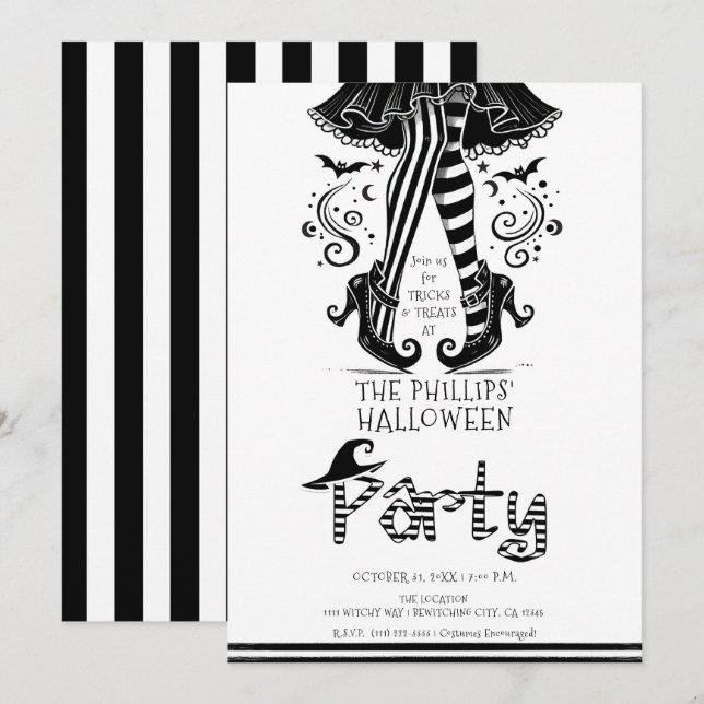 Convite Pernas de Bruxa Preto e Branco Festa de Halloween  (Frente/Verso)