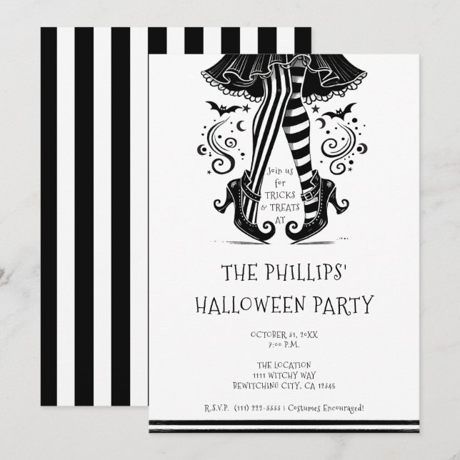 Convite Pernas de Bruxa Preto e Branco Festa de Halloween  (Frente/Verso)