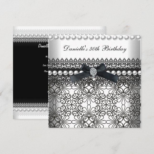 Convite Pérola Branca Preta do Damasco do aniversário de 3 (Frente/Verso)