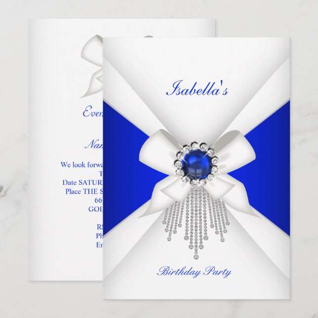 Convite Pérola de Diamante Azul Real festa de aniversário (Frente/Verso)