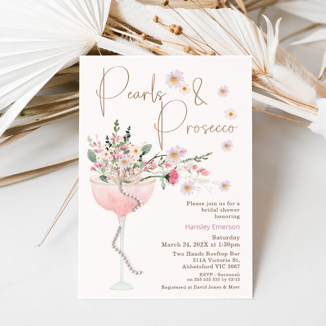 Convite Pérola de flor selvagem moderna e Chá de panela de (Wildflowers pearls and prosecco bridal shower. Wedding shower pearls and prosecco invite, )