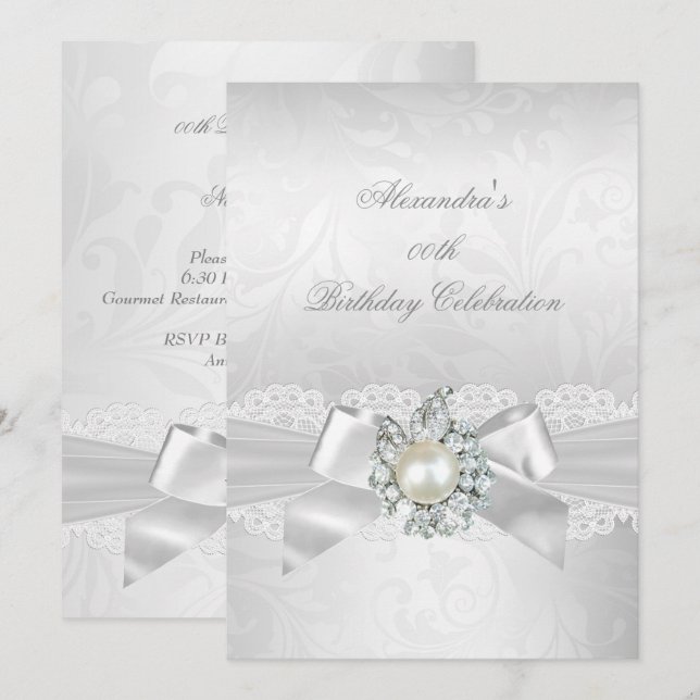 Convite Pérola Diamante Renda Laço Branco Damasco Prata Fe (Frente/Verso)