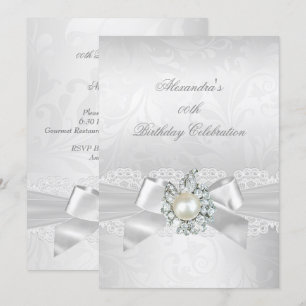 Convite Pérola Diamante Renda Laço Branco Damasco Prata Fe