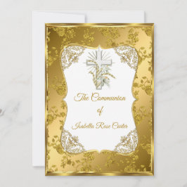 Convite Pérola Dourado Branco Cruz Sagrada comunhão rosa D