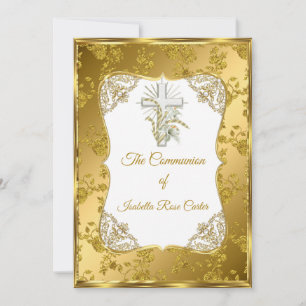 Convite Pérola Dourado Branco Cruz Sagrada comunhão rosa D