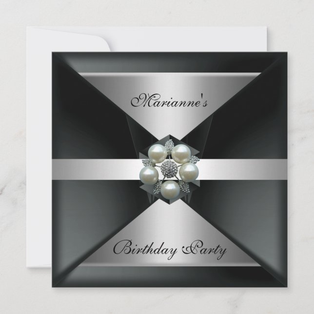 Convite Pérola Elegante Jóia Aniversário Prata & Branco (Frente)
