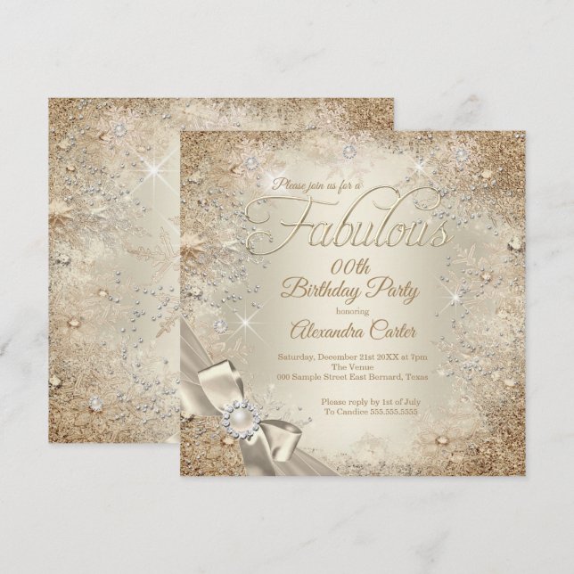 Convite Pérola Fabulosa Bege Creme Dourado Floco de Neve (Frente/Verso)