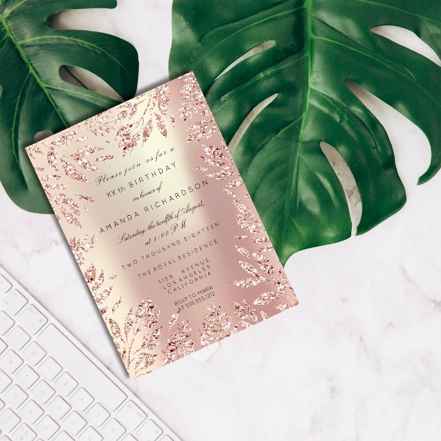 Convite Pérola Moldura Floral Folhas Brilho Dourado Rosa (Pink Rose Gold Glitter Leafs Floral Frame Pearly Invitation)