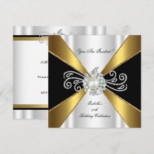 Convite Pérola Preto Dourado Branco Festa de Aniversário D