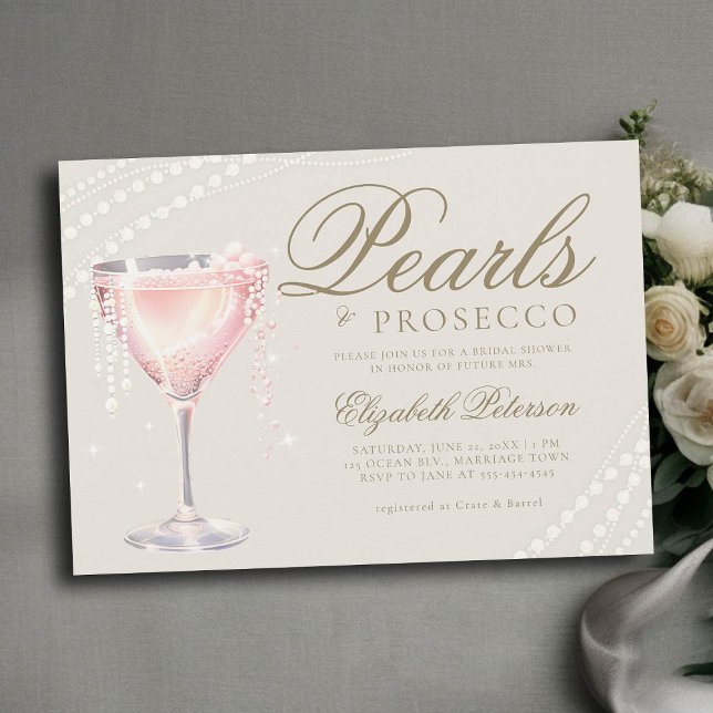 Convite Pérola Prosecco - Chá de panela rosa-bolha Ecru (pearls and prosecco bridal shower invitation pink bubbly ecru gold calligraphy elegant modern classy)