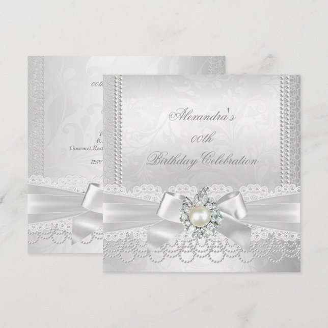 Convite Pérola Renda Damasco Diamante Prata Branco Laço Fe (Frente/Verso)