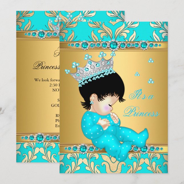 Convite Pérola Teal Dourada Chuvinha de Bebê Princesa More (Frente/Verso)
