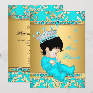 Convite Pérola Teal Dourada Chuvinha de Bebê Princesa More