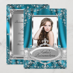 Convite Pérola Teal Seda Glamour Vintage Quinceanera