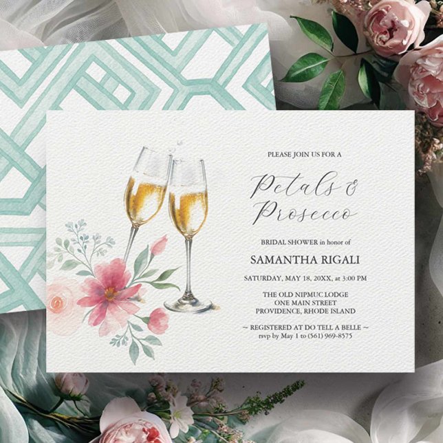 Convite Pérolas Azuis Rosa e Chá de panela Prosecco (Bridal shower invitations featuring a watercolor petals and Prosecco design by Do Tell A Belle)