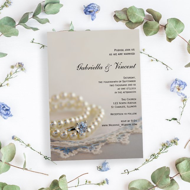 Convite Pérolas Brancas, Anel Diamante e Casamento Azul (Set an elegant tone for your marriage with the Pearls, Diamond Ring and Blue Lace Wedding Invitation)