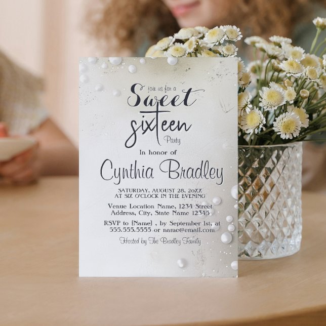 Convite Pérolas Brancas Beige Doce Dezesseis Festas de ani (Criador carregado)