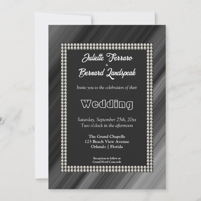 Convite Pérolas Brancas, Casamento Preto e Branco Retrô (Frente)