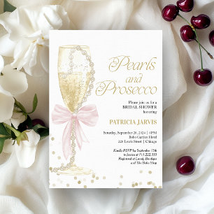 Convite Pérolas com Laço Rosa e Prosecco Chá de Bebê da No