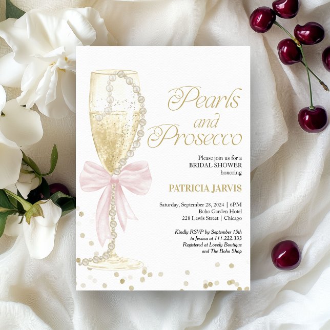 Convite Pérolas com Laço Rosa e Prosecco Chá de Bebê da No (Criador carregado)