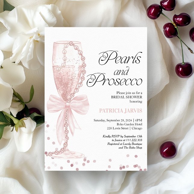 Convite Pérolas com Laço Rosa e Prosecco Chá de Bebê da No (Criador carregado)