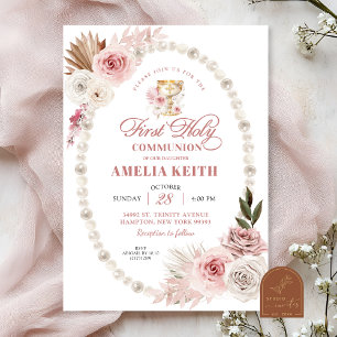 Convite Pérolas cor-de-rosa Primeira Santa Comunhão