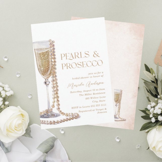 Convite Pérolas de Aquarela Elegantes e Sho Prosecco Brida (Criador carregado)