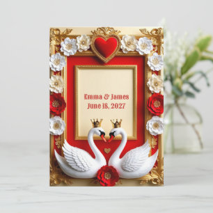 Convite 💎 Pérolas de Casamento de Cisne e Moldura de Ouro