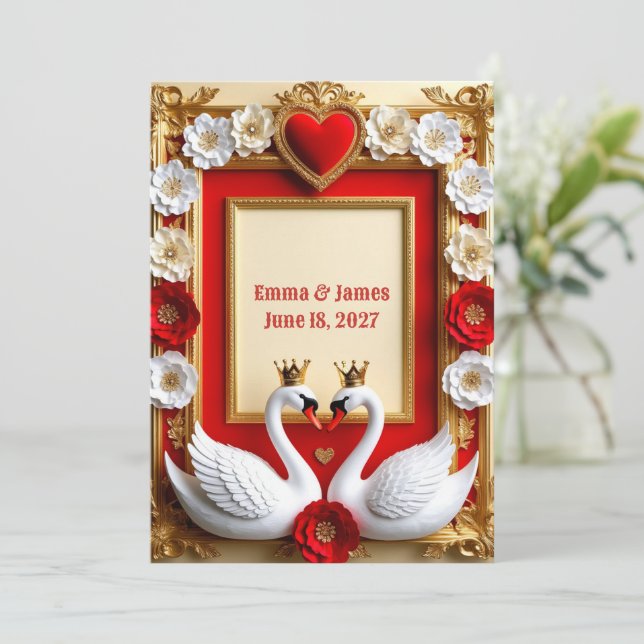 Convite 💎 Pérolas de Casamento de Cisne e Moldura de Ouro (Em pé/Frente)